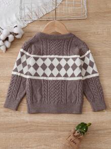 Baby Boy Argyle Pattern Cable Knit Cardigan - Khaki - View 2