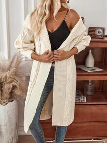 SHEIN LUNE Cárdigan largo de cuello cascada de hombros caídos con parte delantera abierta tejido de cable - Beis - Ver 6