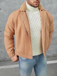 Manfinity Homme Men Borg Collar Zip Up Loose Overcoat - Camel - View 1