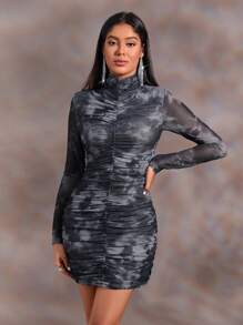 GENKIRA Tie Dye Ruched Mesh Bodycon Dress Fall Cloth For Women - Multicolor - View 4