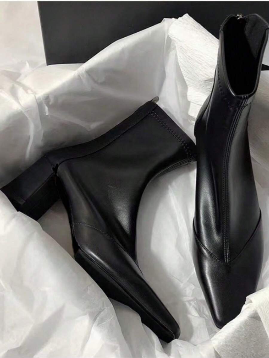 Bốt thời trang nữ mới, bốt gót dày màu cà phê, cổ ngắn đa năng cho mùa thu/đông, giày da nhỏ cổ điển màu đen đa năng, bốt ngắn kiểu Pháp, bốt cổ ngắn cho mùa xuân/thu - màu đen - Xem 1