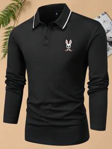 Men Skull Print Contrast Trim Polo Shirt - Black - View 1