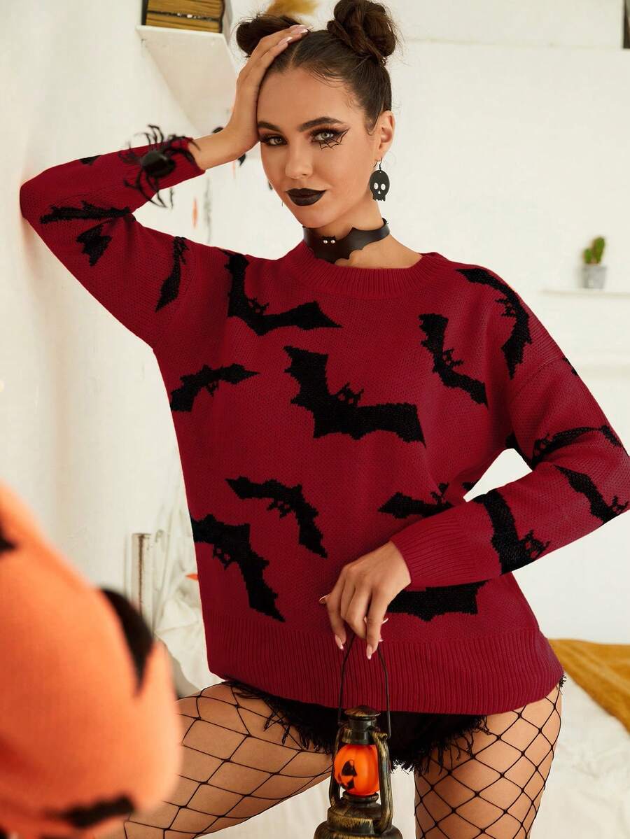 Áo len trễ vai họa tiết dơi Halloween cho nữ màu đỏ mỏ neo - Đỏ - Xem 1