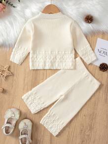 SHEIN 女嬰花卉刺繡套頭毛衣和針織褲 - 杏色 - 查看 2