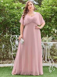 Plus Ruched Bust Butterfly Sleeve Chiffon Bridesmaid Dress - Dusty Pink - View 4