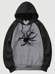 ROMWE MEN Academia Men Slogan Graphic Raglan Sleeve Drawstring Hoodie - Dark Grey - View 1