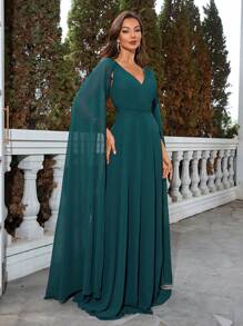 UNITHORSE Cloak Sleeve Chiffon Prom Dress Elegant Long Sleeve Formal Evening Wedding Guest Gown, For Graduation, Dinner Party Dress