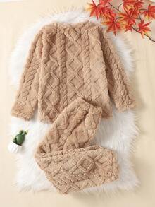 Tween Girl Solid Flannel PJ Set - Khaki - View 2