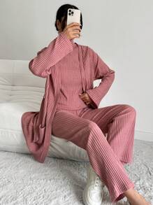 EURMUSE Dual Pocket Raglan Sleeve Belted Coat & Tee & Flare Leg Pants - Dusty Pink - View 5
