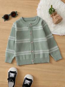 Baby Boy Striped Pattern Button Front Cardigan - Mint Green - View 1