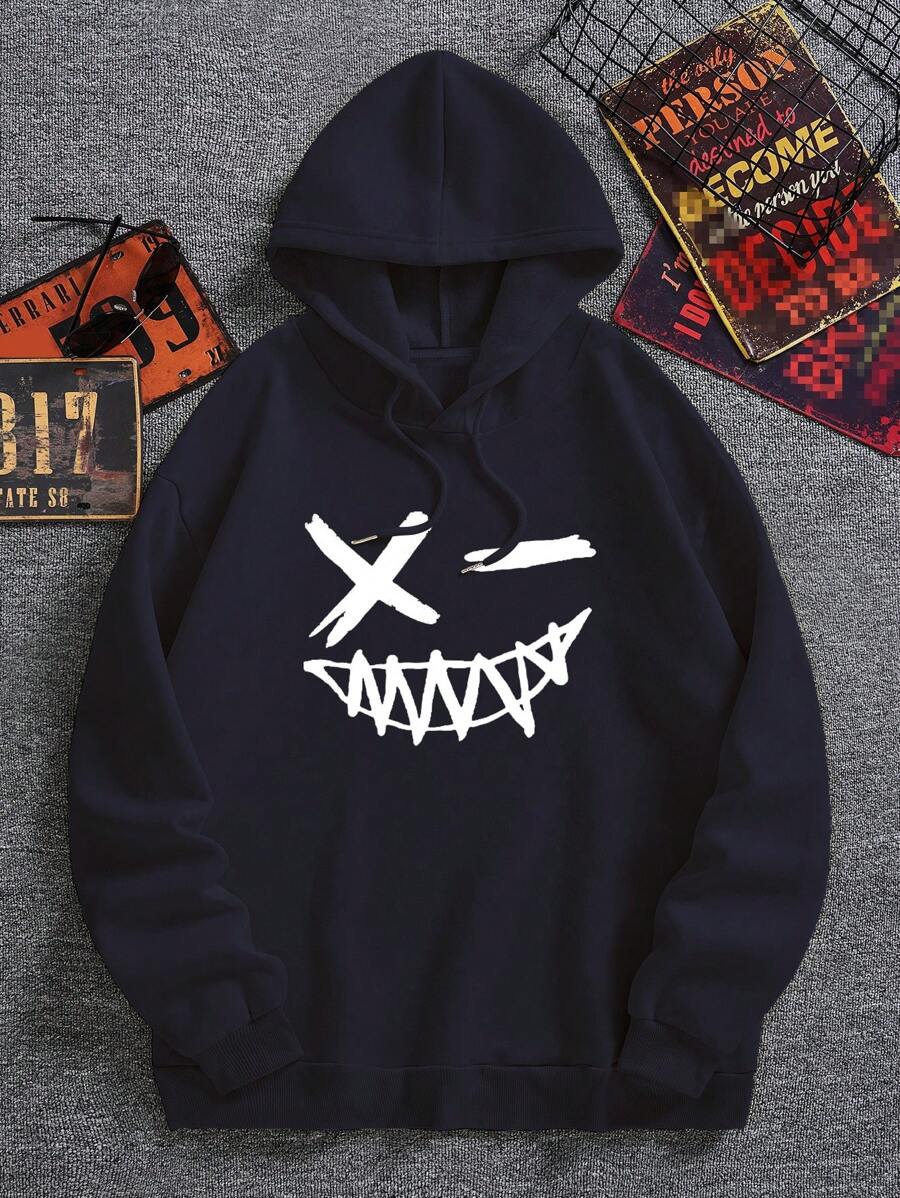 男士卡通圖案抽繩加絨內裏連帽衫 - 藏蓝色 - 查看 1