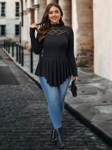 SHEIN Clasi Talla grande Camiseta con encaje en contraste de cuello alto peplum - Negro - Ver 5