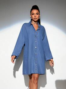 SHEIN BAE Drop Shoulder Button Front Denim Dress Without Belt - Blue - View 5