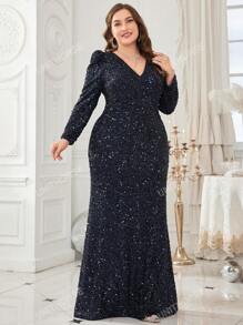 UNITHORSE Vestido formal de manga abullonada, con lentejuelas de talla grande, elegante vestido de noche de manga larga para graduación, cena o fiesta de bodas