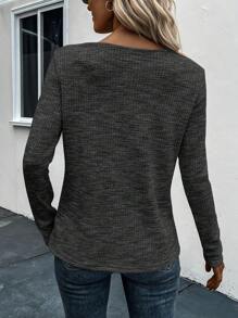 SHEIN LUNE 前紐扣雜色針織T恤 - 深灰色 - 查看 2