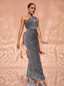 One Shoulder Split Thigh Sequin Formal Dress