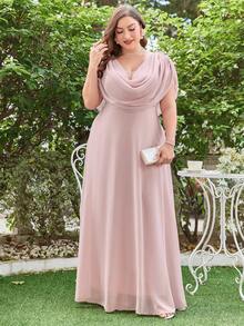 加大垂坠领雪纺伴娘服优雅连衣裙