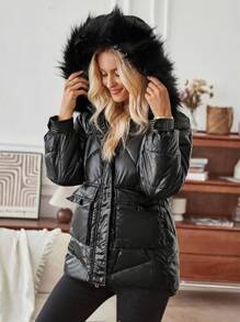 SHEIN LUNE Women's Solid Color Utility Pocket Long Sleeve Fuzzy Hooded Casual Padded Padded Coat, Winter Clothes - Black - View 1