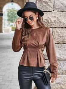 GENKIRA Solid Fold Pleated Detail Peplum Hem Blouse Fall Cloth For Women - Coffee Brown - View 3