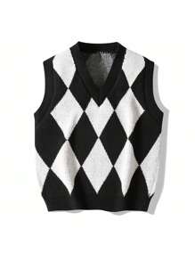 Chaleco de punto con estampado de argyle para hombres, abrigador - Blanco y Negro - Ver 1