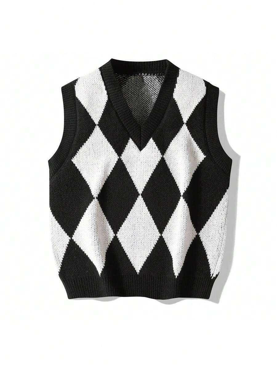 Chaleco de punto con estampado de argyle para hombres, abrigador - Blanco y Negro - Ver 1