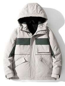 Men Contrast Panel Flap Pocket Hooded Down Coat - Grey - View 1