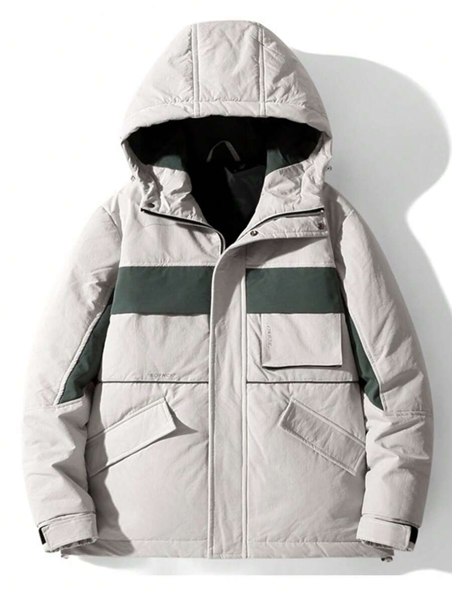 Men Contrast Panel Flap Pocket Hooded Down Coat - Grey - View 1