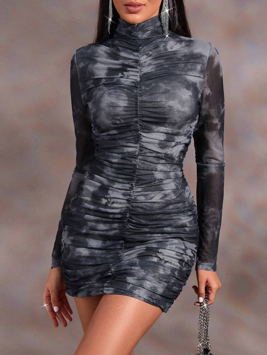 GENKIRA Tie Dye Ruched Mesh Bodycon Dress Fall Cloth For Women - Multicolor - View 1