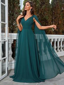 UNITHORSE Cloak Sleeve Chiffon Prom Dress Elegant Long Sleeve Formal Evening Wedding Guest Gown, For Graduation, Dinner Party Dress