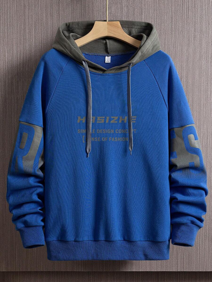Men Slogan Graphic Raglan Sleeve Drawstring Hoodie