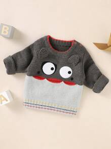 Baby Boy Cartoon Pattern 3D Ear Design Striped Trim Sweater - Dark Grey - View 1