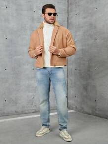 Manfinity Homme Men Borg Collar Zip Up Loose Overcoat - Camel - View 4