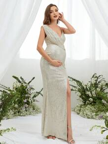 Đầm bầu xẻ đùi sequin thanh lịch, dự tiệc - Màu be - Xem 5