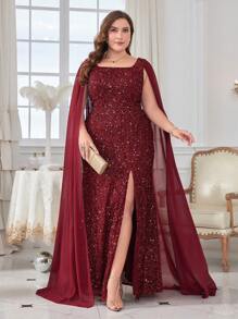 Plus Split Thigh Sequin Formal Dress - Burgundy - View 1
