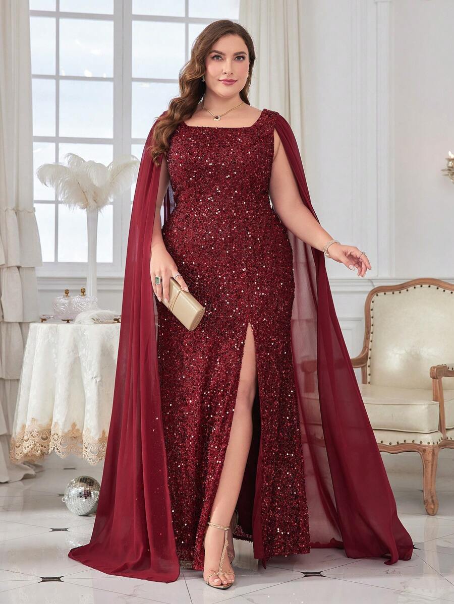Plus Split Thigh Sequin Formal Dress - Burgundy - View 1