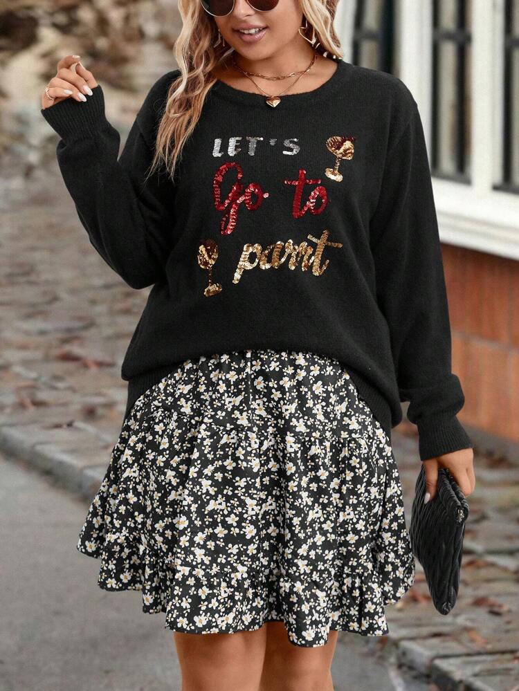 Plus Sequin Slogan Pattern Sweater Knit Pullover Fall Winter Sweater
