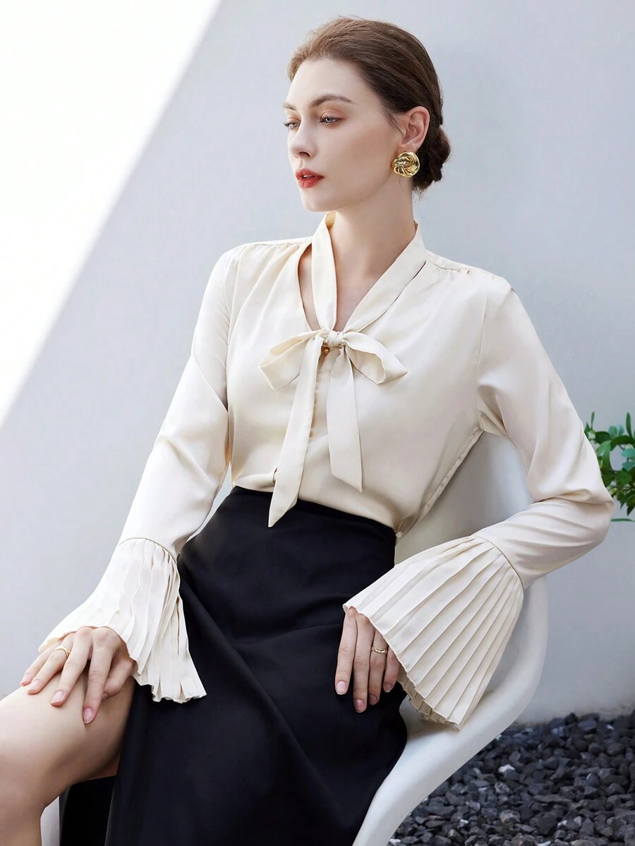 SHEIN BIZwear 繫帶領百褶荷葉袖襯衫 - 米色 - 查看 1