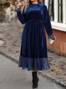 SHEIN Clasi Plus Flare Sleeve Ruffle Hem Velvet Dress Without Belt - Blue - View 5
