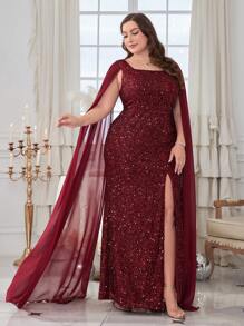 Plus Split Thigh Sequin Formal Dress - Burgundy - View 3