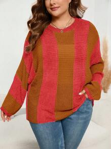 SHEIN LUNE 加大码双色落肩针织套头衫秋冬毛衣 - 彩色 - 查看 1