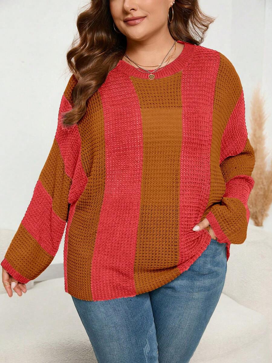 SHEIN LUNE 加大码双色落肩针织套头衫秋冬毛衣 - 彩色 - 查看 1