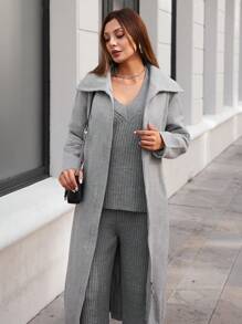 SHEIN Cottnline Solid Slant Pocket Zip Up Overcoat - Grey - View 3