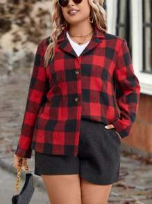 SHEIN LUNE Plus Buffalo Plaid Print Lapel Neck Blazer
