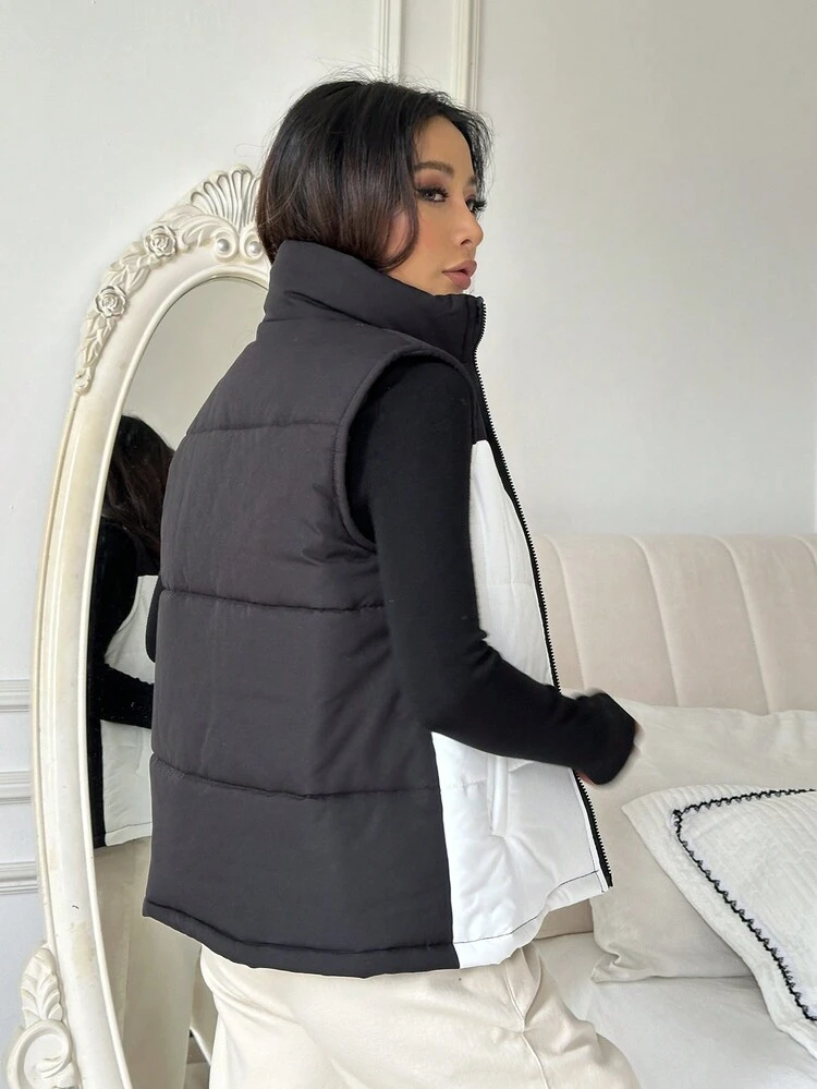 Women Zip Up Colorblock Casual Winter Vest Coat