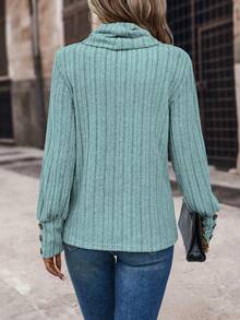 SHEIN LUNE Cổ bò Chi tiết Nút Đồ đan Ribbed Áo thun - Màu xanh bụi bặm - Xem 2