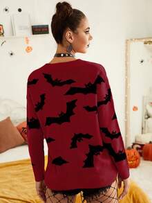 Áo len trễ vai họa tiết dơi Halloween cho nữ màu đỏ mỏ neo - Đỏ - Xem 2