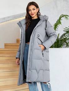 HaiLuoZi Letter Patched Detail Drawstring Hem Hooded Padded Coat - Dusty Blue - View 3