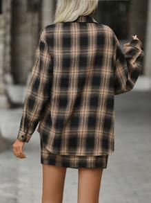 SHEIN Clasi 格紋印花落肩袖襯衫&半身裙 - 卡其色 - 查看 2