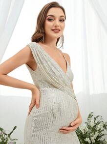 Đầm bầu xẻ đùi sequin thanh lịch, dự tiệc - Màu be - Xem 6