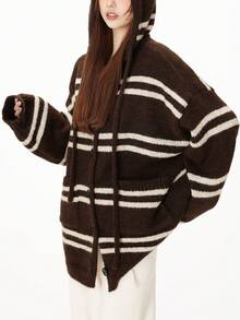 Mẫu sọc Thả vai Dây rút áo có mũ Áo len Mở - Cà phê nâu - Xem 3